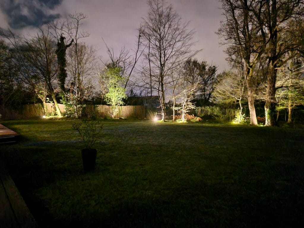 Grand jardin arboré éclairé la nuit, projecteurs au pied des troncs et pelouse laissée dans la pénombre