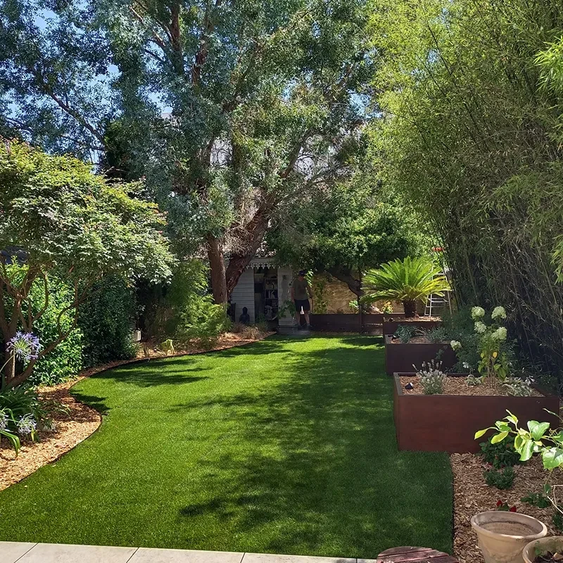 Jardin vu depuis la terrasse : pelouse, bacs en acier corten plantés, agapanthes et bambous, avec un abri de jardin au fond